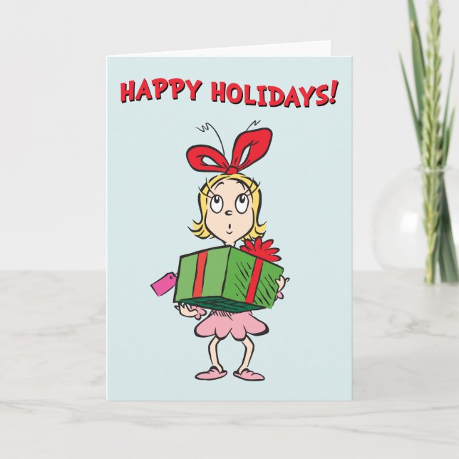 Tarjeta Festiva Grinch | Cindy-Lou Who - Holding Present (Anverso)