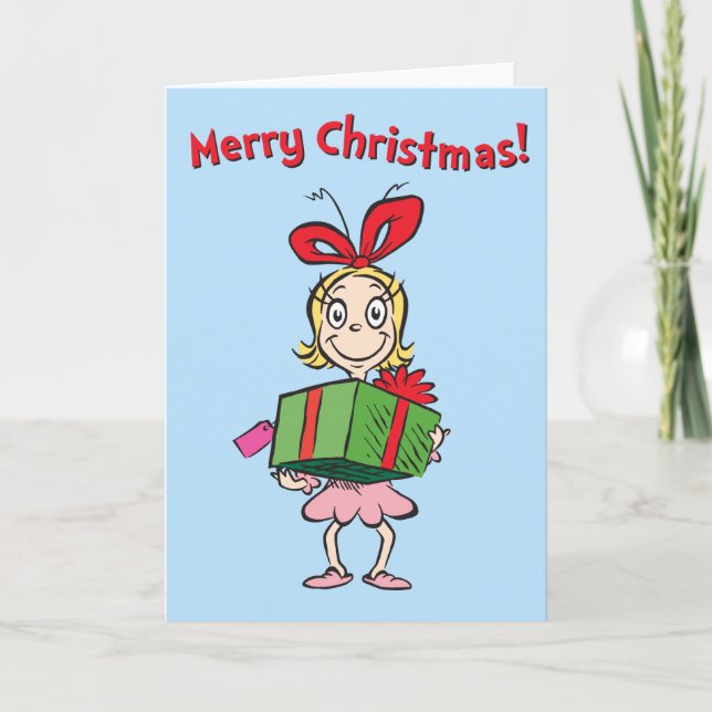 Tarjeta Festiva Grinch | Cindy-Lou Who - Holding Present (Anverso)