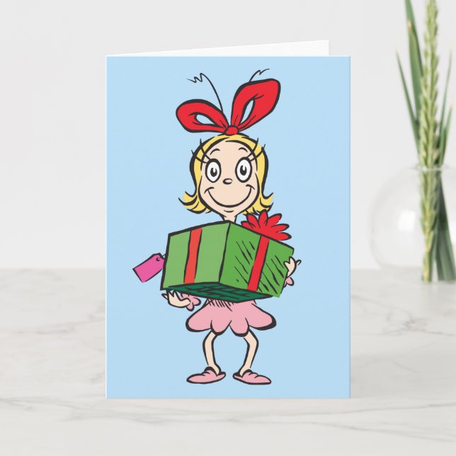 Tarjeta Festiva Grinch | Cindy-Lou Who - Holding Present (Anverso)