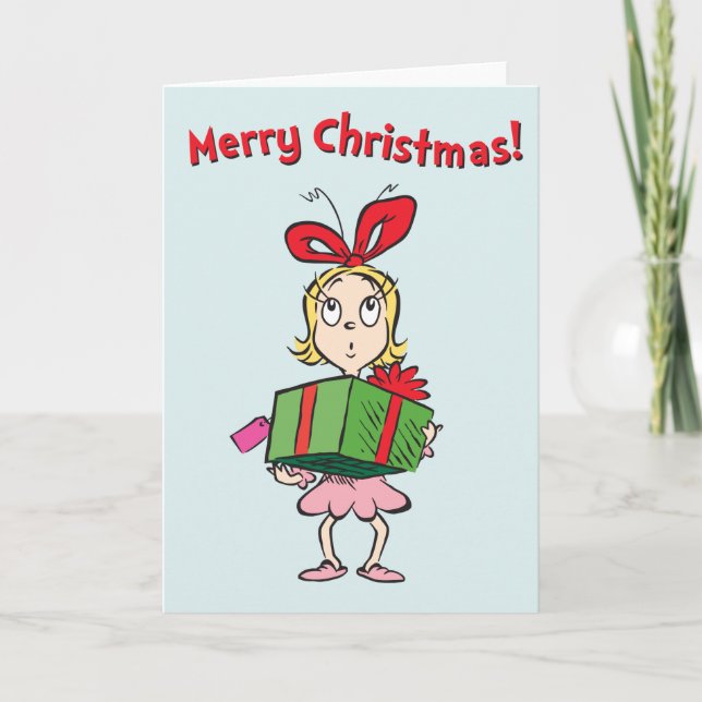 Tarjeta Festiva Grinch | Cindy-Lou Who - Holding Present (Anverso)
