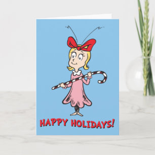 Tarjeta Festiva Grinch Cindy-Lou Who - Sosteniendo Caña de Caram