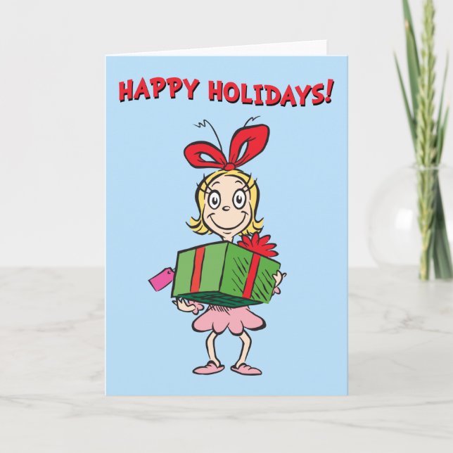 Tarjeta Festiva Grinch | Cindy-Lou Who - Sosteniendo Regalo (Anverso)