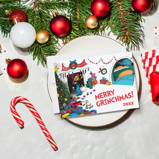 Tarjeta Festiva Grinch Clásico | Grinch en Chimenea (Card on table)