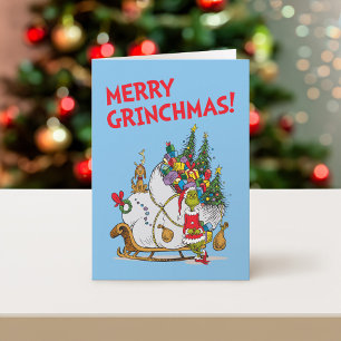 Tarjeta Festiva Grinch clásico Grinch & Max con Sleigh