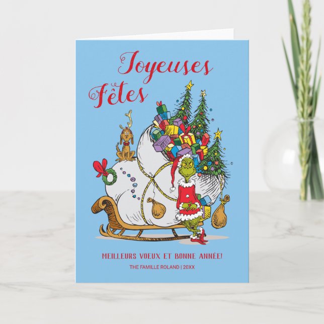 Tarjeta Festiva Grinch Clásico | Grinch y Max con Trineo (Anverso)