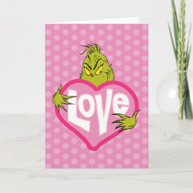 Tarjeta Festiva Grinch | Corazón rosa de amor (Anverso)
