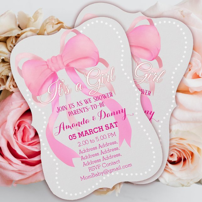 Tarjeta Festiva Gris Baby Shower de cinta rosa (Ribbon Baby Shower Invitation Card.)