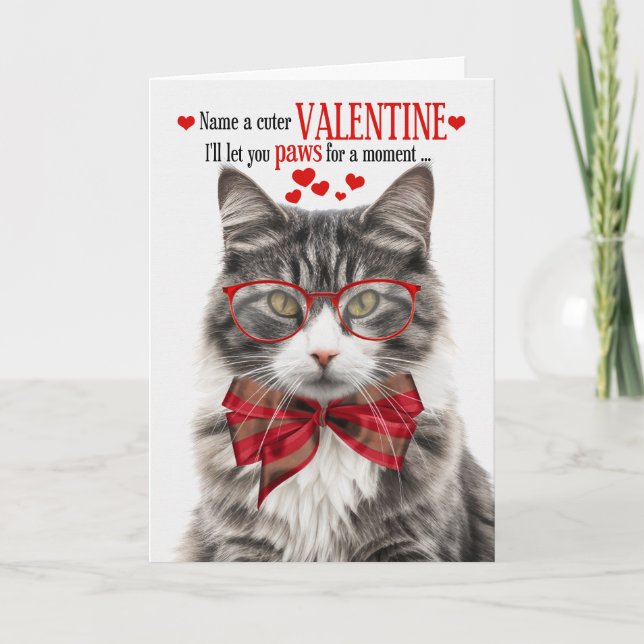 Tarjeta Festiva Gris longhair Tabby Cat Valentine Humor felino (Anverso)