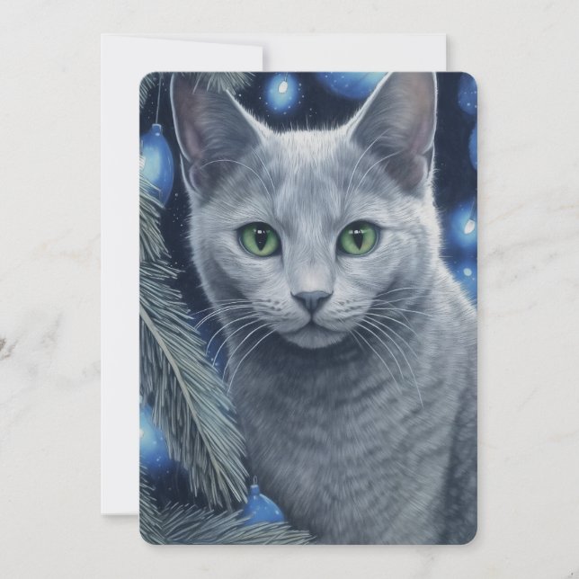 Tarjeta Festiva Gris, Navidades de gato azul ruso o Hanukkah (Anverso)