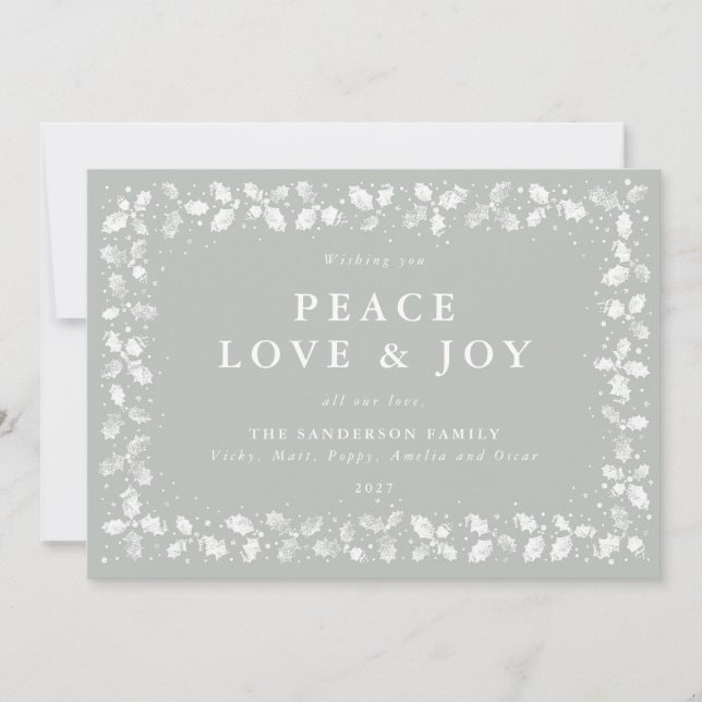 Tarjeta Festiva Gris-Verde Holly Paz Amor + Alegría (Anverso)