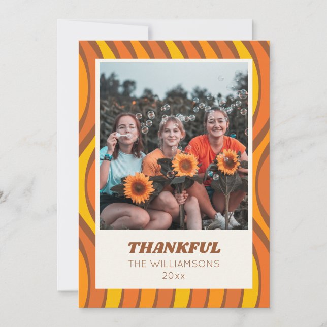 Tarjeta Festiva Groovy 70s Otoño Naranja Marrón Foto Personalizada (Anverso)