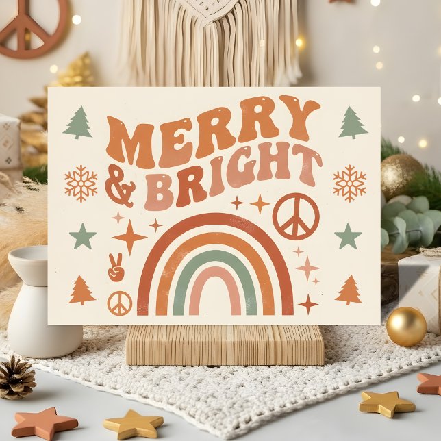 Tarjeta Festiva Groovy Boho Merry & Bright Christmas (Subido por el creador)