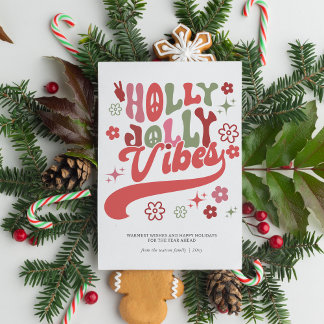 Tarjeta Festiva Groovy Holly Jolly Vibes Typografía colorida