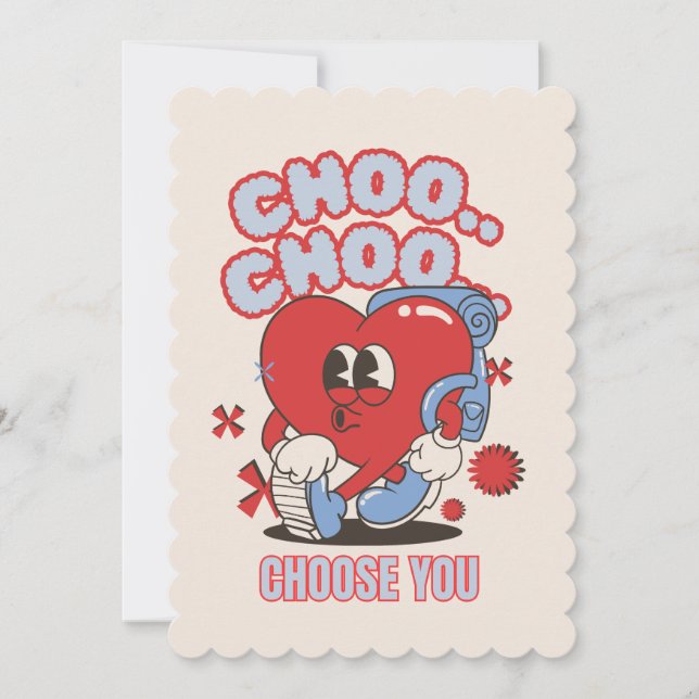 Tarjeta Festiva Groovy Red Heart Choo Choo Elige tus Valentines  (Anverso)