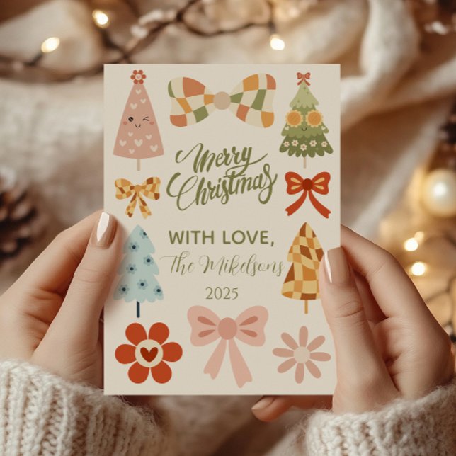 Tarjeta Festiva Groovy Retro Bow Christmas (Subido por el creador)