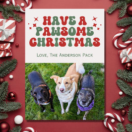 Tarjeta Festiva Groovy Retro Dog Photo Pawsome Navidades