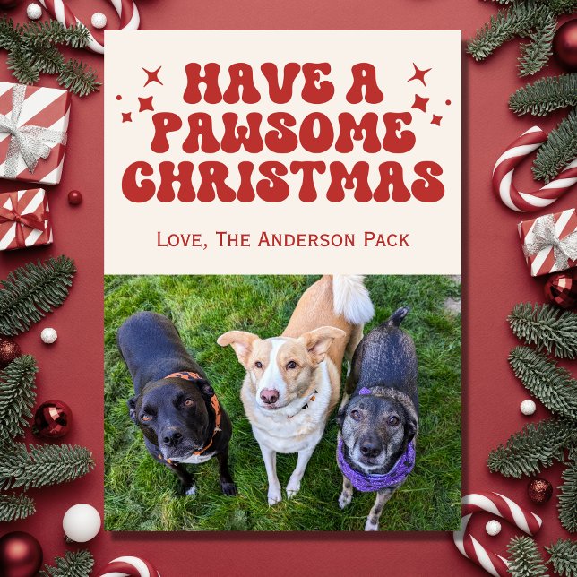 Tarjeta Festiva Groovy Retro Dog Photo Pawsome Navidades (Subido por el creador)