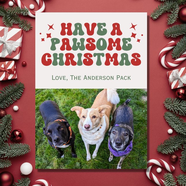 Tarjeta Festiva Groovy Retro Dog Photo Pawsome Navidades (Subido por el creador)