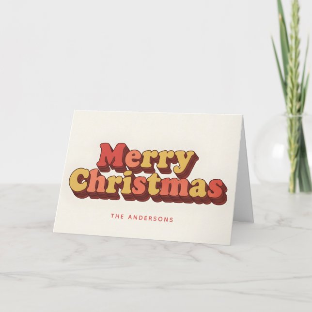 Tarjeta Festiva Groovy Retro Layers Script Merry Christmas (Anverso)