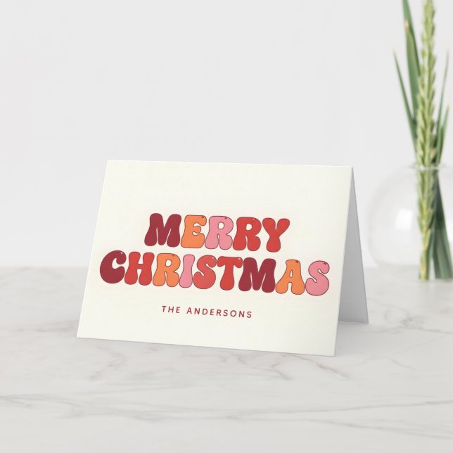 Tarjeta Festiva Groovy Retro Script Merry Christmas (Anverso)