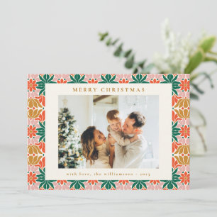 Tarjeta Festiva Groovy Rosa Verde Rojo Boho Floral Dos Fotos