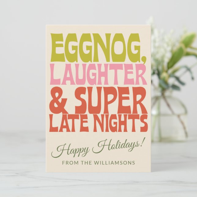Tarjeta Festiva Groovy Unique Retro Funny Eggnog Navidades Persona (Anverso de pie)