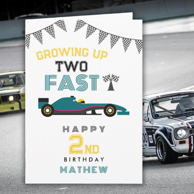 Tarjeta Festiva Growing Up Two Fast Race Car 2nd Birthday Card (Subido por el creador)
