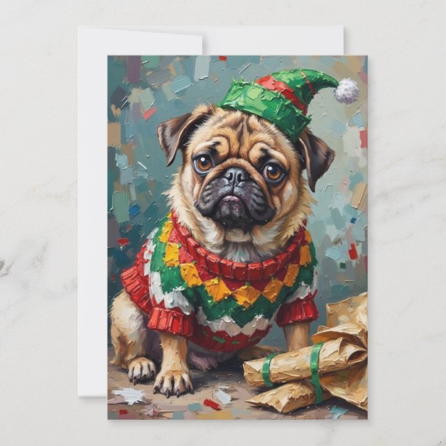 Tarjeta Festiva Grumpy Pug Dog in Elf Hat Funny Christmas Art (Anverso)