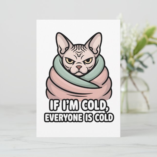 Tarjeta Festiva Grumpy Sphynx Cat Cold Humor Cartoon Art (Anverso de pie)
