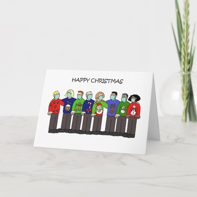 Tarjeta Festiva Grupo de Navidades Covid 19 con máscaras faciales (Anverso)