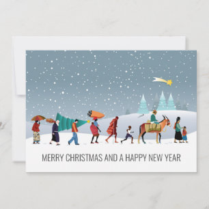 Tarjeta Festiva Grupo étnico de moda camina por la nieve