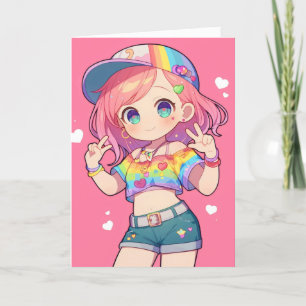 Tarjeta Festiva Guay Chibi Anime Chica Rainbow