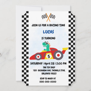 Tarjeta Festiva Guay Dinosaur red racing car boy Fiesta de cumplea