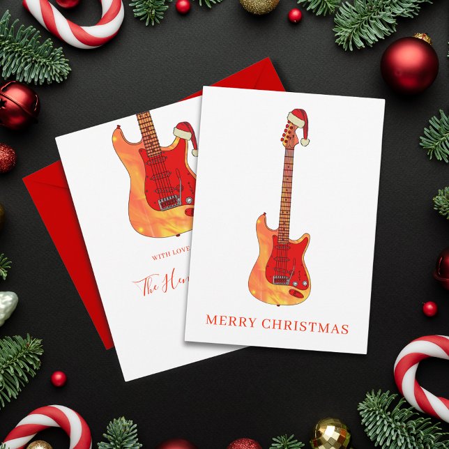 Tarjeta Festiva Guay Guitar Merry Christmas (Merry Christmas Cool fire electric guitar wearing a Santa Hat personalized holidays greetings card)