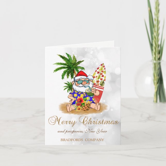 Tarjeta Festiva Guay Santa Claus, Palm Tree, Beach Bokeh (Anverso)