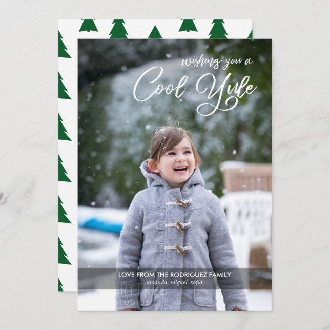 Tarjeta Festiva Guay Yule Script Your Photo Green Trees Navidades (Anverso / Reverso)