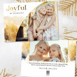 Tarjeta Festiva Guión alegre de oro de moda con foto curva<br><div class="desc">Moda,  diseño moderno de vacaciones con elegante escritura personalizado "Joyful" en un estilo de gradiente dorado con una plantilla única de fotos curvada y sutiles acuarelas doradas estilo paisaje invernal. En la parte posterior se muestran plantillas de fotos y campos de texto adicionales.</div>