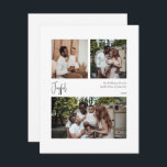 Tarjeta Festiva Guión alegre moderno centrado en tres fotos<br><div class="desc">Esta moderna y alegre tarjeta de tres fotos centrada en el guión es perfecta para tu minimalista y elegante bienvenida de vacaciones en blanco y negro. La caligrafía escrita a mano, mínima y caprichosa, es delicada y rústica, aunque elegante y elegante. El diseño refleja un simple día de invierno blanco...</div>