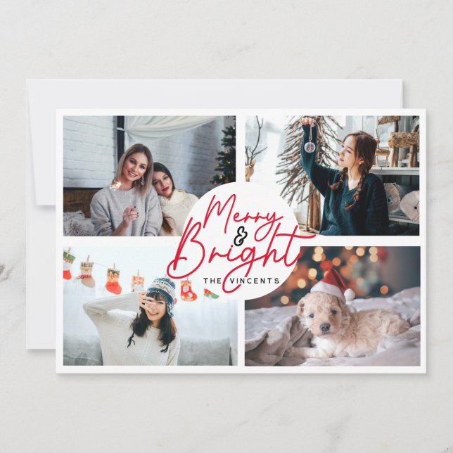 Tarjeta Festiva Guión alegre moderno rojo 4 collage de Navidades f (Anverso)
