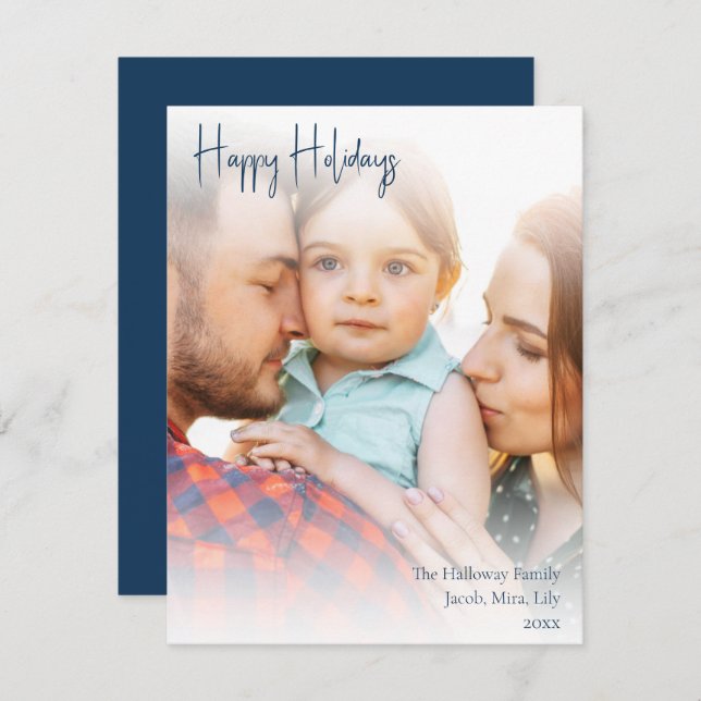 Tarjeta Festiva Guión azul manuscrito de Boho Foto completa Feliz (Anverso / Reverso)