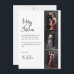 Tarjeta Festiva Guión blanco y negro minimalista 3 tiras de fotos<br><div class="desc">Comparte tu alegría de vacaciones en un estilo atemporal con esta minimalista tarjeta de foto en blanco y negro. Con una tipografía elegante y tres fotos personales, este moderno diseño vacacional es la manera perfecta de enviar cálidos deseos a amigos y familiares. Personalizar con tus instantáneas favoritas y mensajes personales...</div>