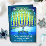 Tarjeta Festiva Guión brillante azul verde Hanukkah Menorah Shine<br><div class="desc">"Brilla brillante toda la temporada". Un ilustracion fotográfico de primera mano de una brillante, colorida y azul menorah te ayuda a inaugurar las vacaciones de Hanukkah. Siente el calor y la alegría de la temporada de vacaciones cada vez que envíe esta impresionante y colorida tarjeta de felicitación plana Hanukkah. En...</div>