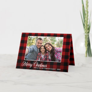 Tarjeta Festiva Guión caligráfico Foto Red Plaid Tartán doblado