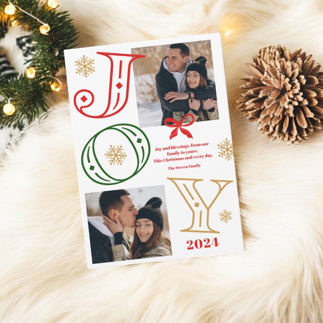 Tarjeta Festiva Guión de alegría 2 fotos copos de nieve Navidades  (Joy script 2 photos snowflakes red green Christmas Holiday Card)