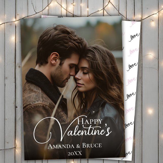 Tarjeta Festiva Guión de broche de fotos personalizado Feliz San V (Custom Photo Brush Script Happy Valentine's Holiday Card)