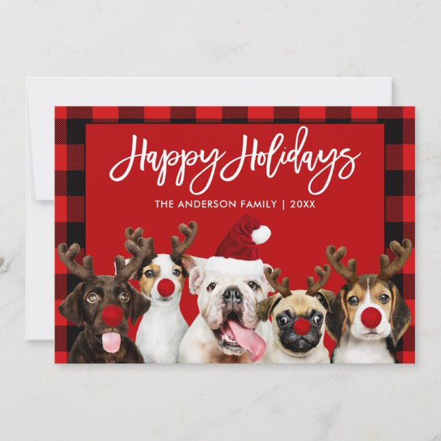 Tarjeta Festiva Guión de broche Felices Fiestas Perros Rojo (Anverso)