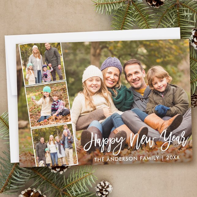 Tarjeta Festiva Guión de broche Feliz Año Nuevo Familia 4 Foto (Customize to add text to back of card.)