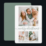Tarjeta Festiva Guión de caligrafía 3 Navidades verdes de foto<br><div class="desc">Moderna caligrafía de moda guión 3 Collage de fotos de la familia de la foto tarjeta navideña - Sage Green</div>