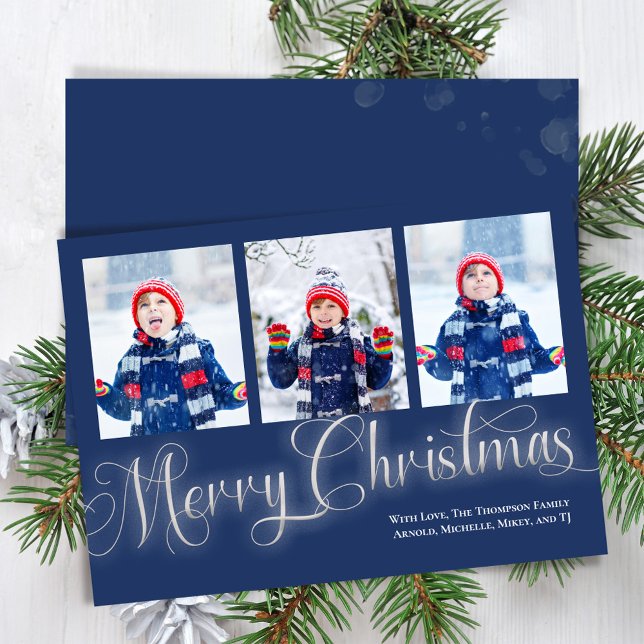 Tarjeta Festiva Guión de Collage de fotos azul de la Marina navide (Merry Christmas in shimmering silver with Navy Blue. )