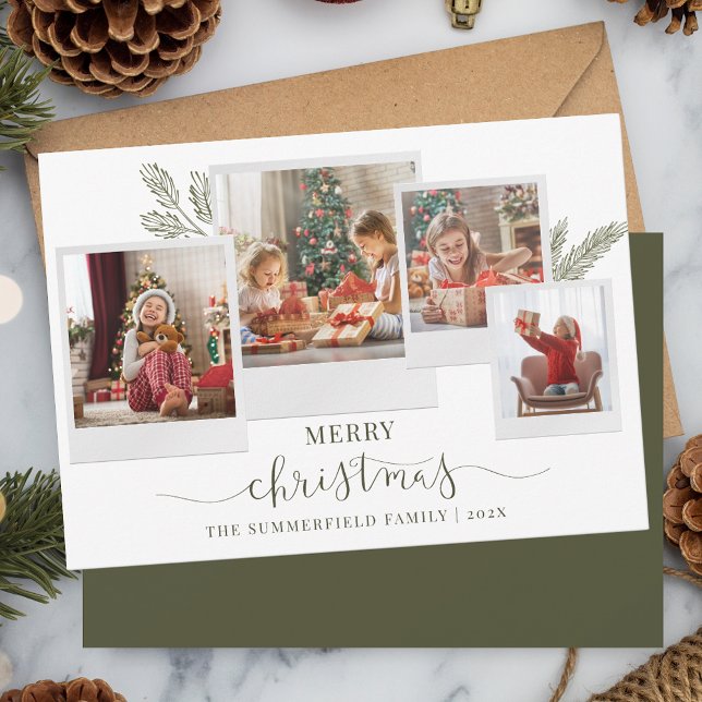 Tarjeta Festiva Guión de Collage de fotos familiar moderno (Christmas Multi Photo Collage Script Typography Family Greetings)